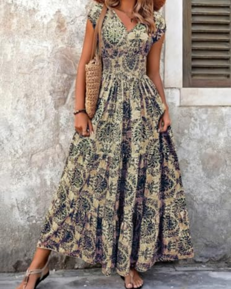 Valerie Women's Retro Print Maxi Dress – Elegant V-Neck Short Sleeve Long Dress