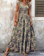 Valerie Women's Retro Print Maxi Dress – Elegant V-Neck Short Sleeve Long Dress