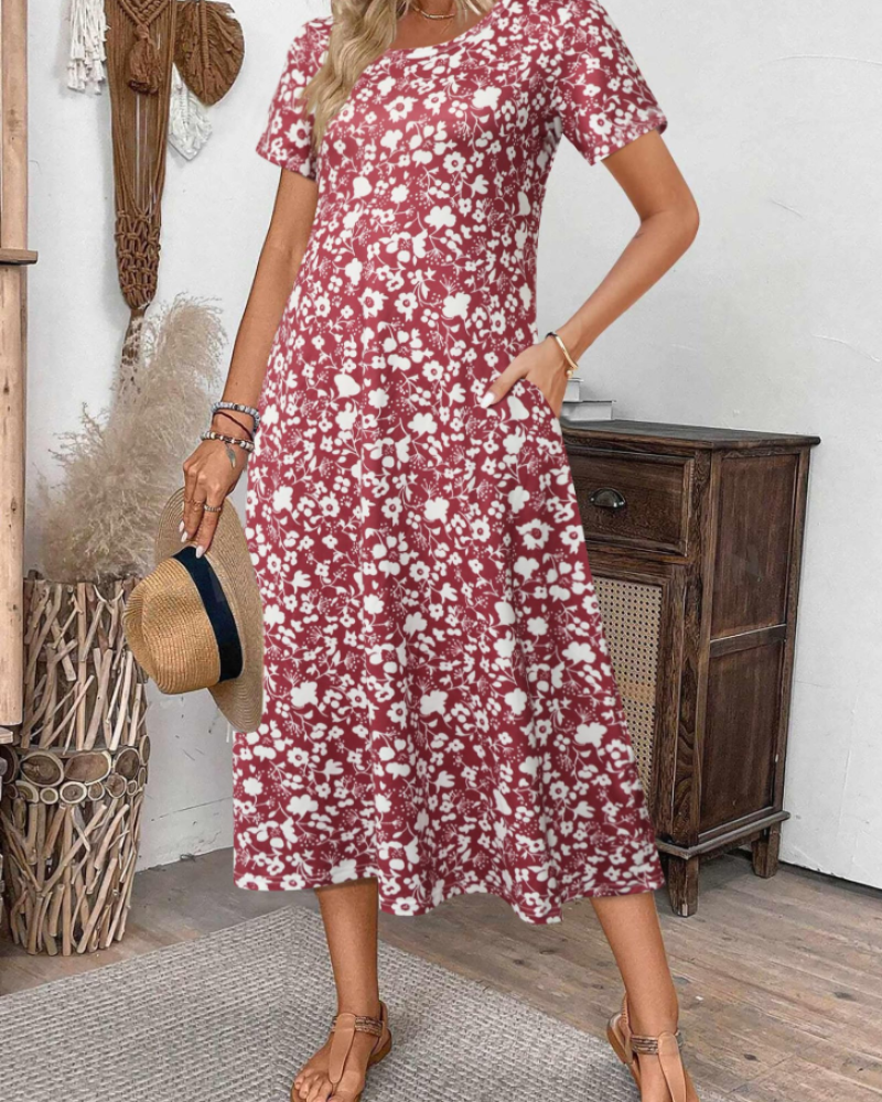 Briony Women's Floral Midi Dress – Short Sleeve Round Neck Casual Summer Dress