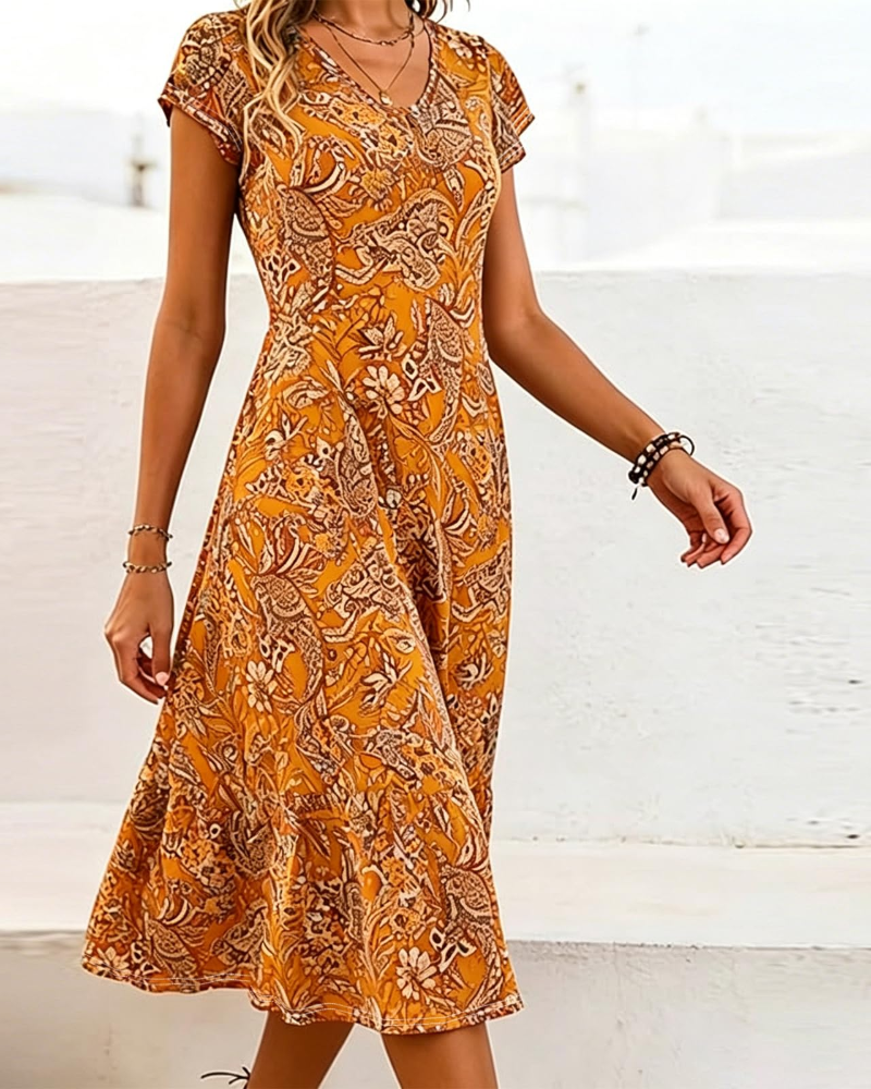Geneva Women's Floral Midi Dress – V-Neck Short Sleeve A-Line Summer Dress