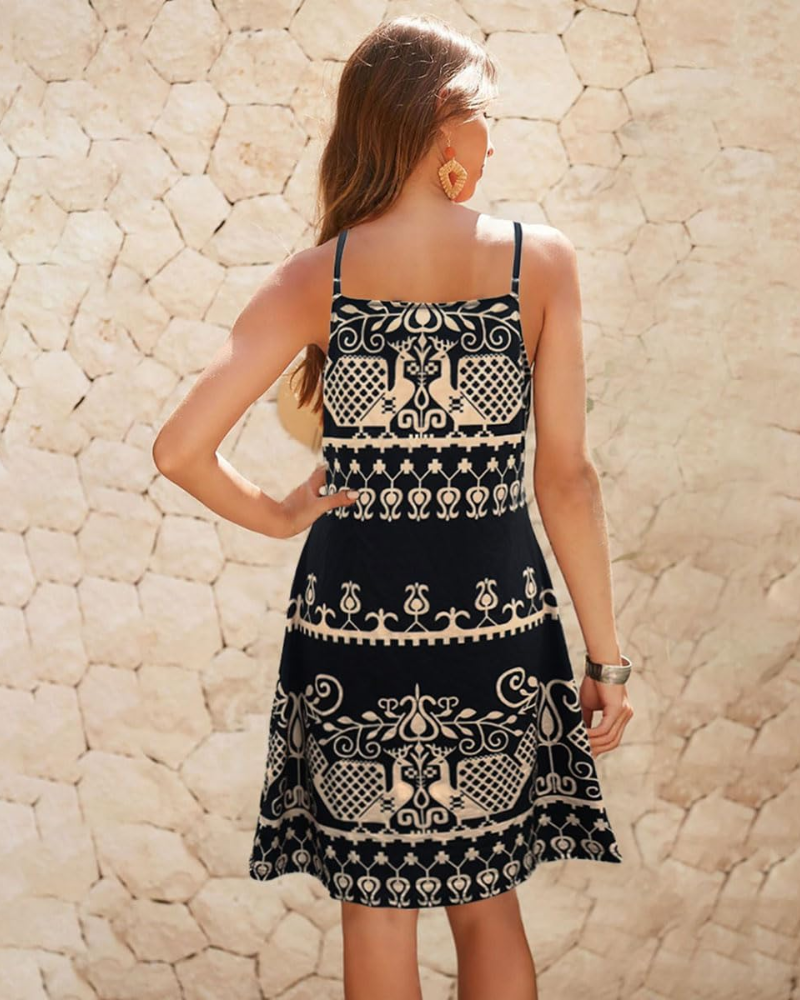 Layla Women's Boho Halter Dress – Ethnic Print Midi Beach Dress