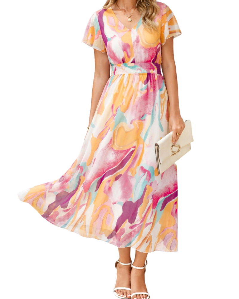 Isabella Women's Floral Maxi Dress – Boho V-Neck Wedding Guest Midi Dress