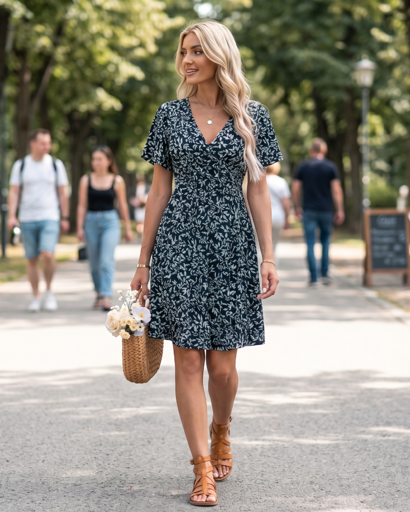Sophia Women's Wrap Midi Dress – Floral V-Neck A-Line Summer Dress