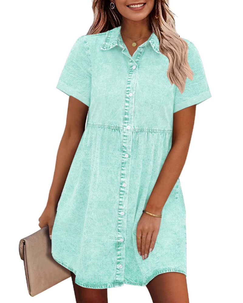 Emma Women's Denim Shirt Dress – Babydoll Button Down Tiered Jean Dress