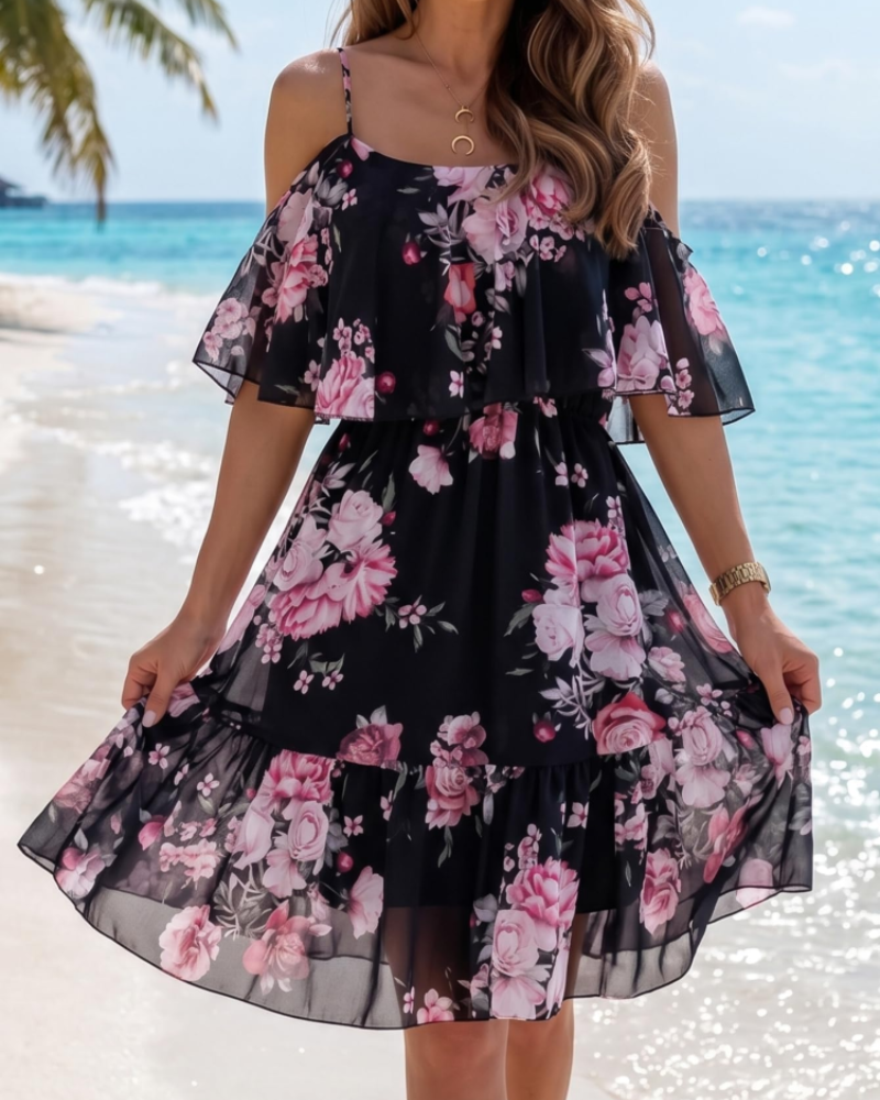 Evelyn Women's Floral Mini Dress – Off Shoulder Summer Dress with Ruffle Hem