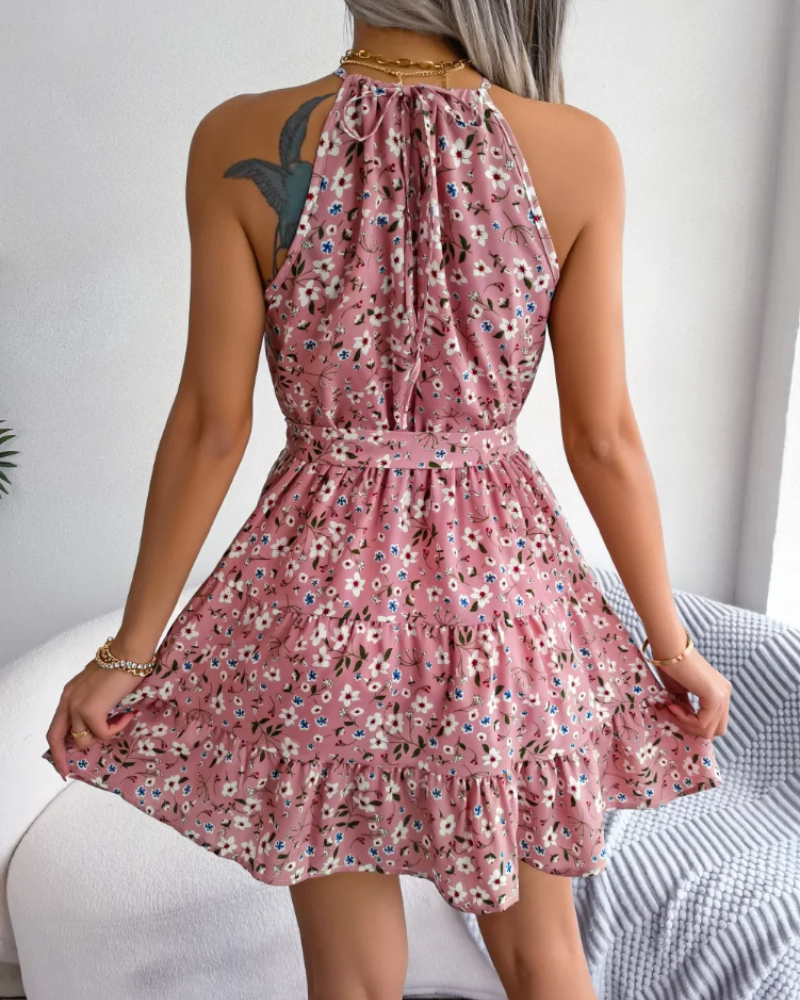 Evangeline Women's Halter Maxi Dress – Tie Waist Ruffle Summer Occasion Dress