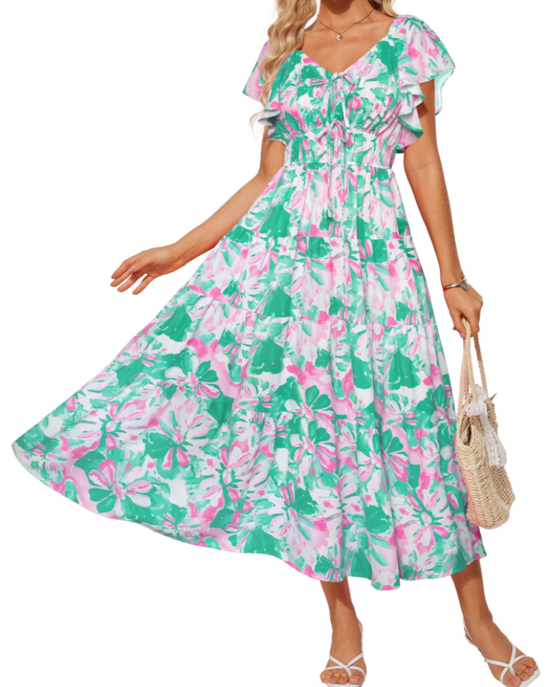 Isabella Women's Floral Maxi Dress – V-Neck Ruffle Sleeve Summer Dress