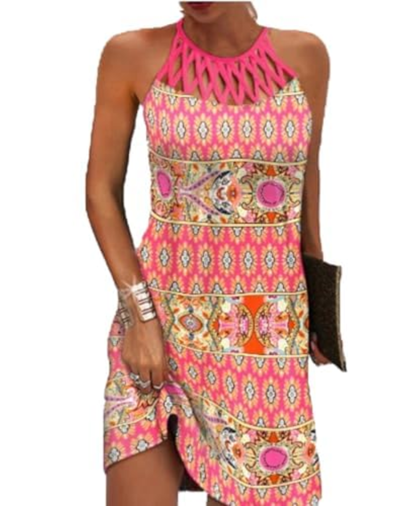 Layla Women's Boho Halter Dress – Ethnic Print Midi Beach Dress
