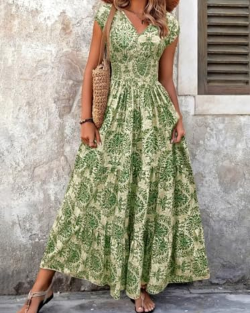 Valerie Women's Retro Print Maxi Dress – Elegant V-Neck Short Sleeve Long Dress