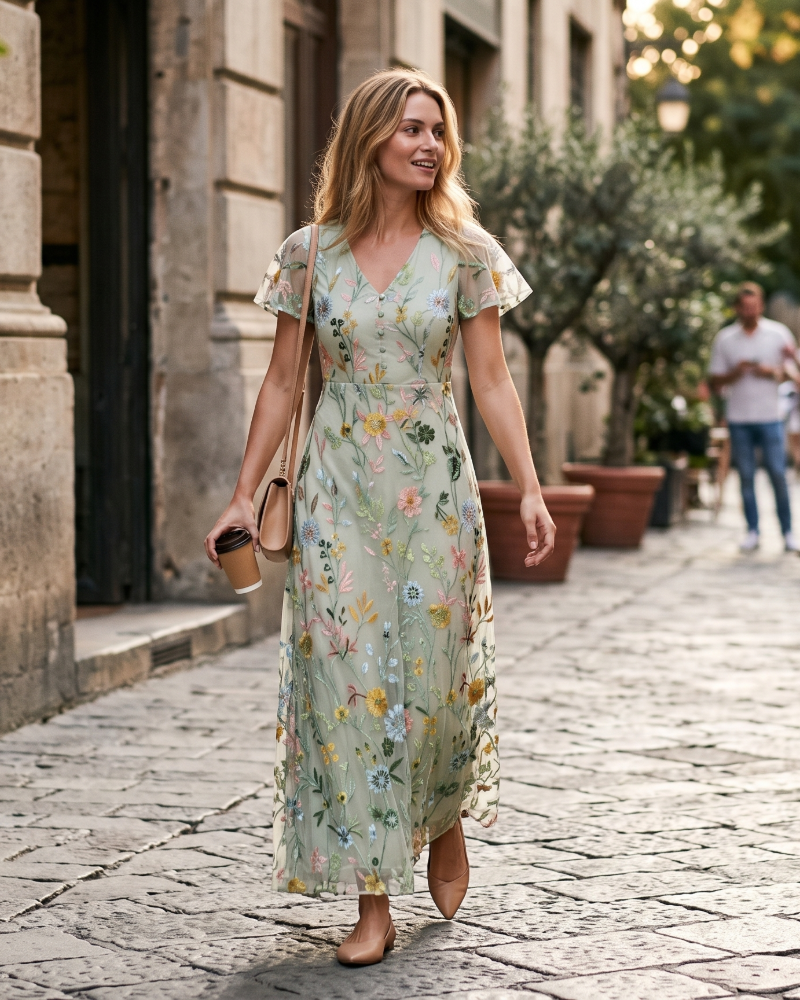 Jessalyn Women's Floral Chiffon Maxi Dress – V-Neck Elegant Occasion Dress