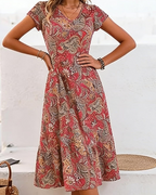 Geneva Women's Floral Midi Dress – V-Neck Short Sleeve A-Line Summer Dress