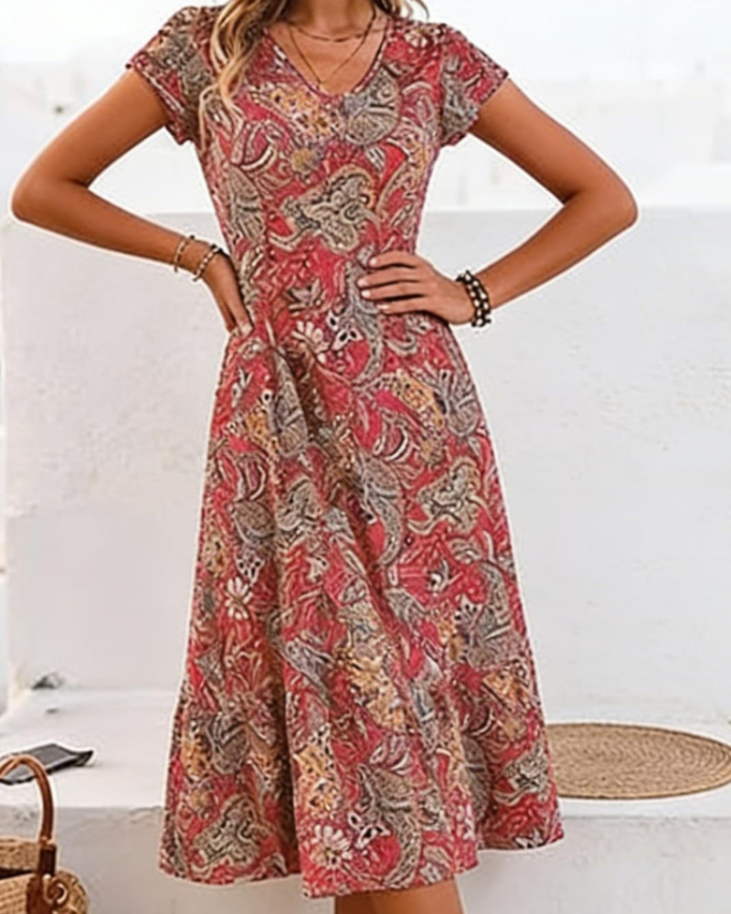 Geneva Women's Floral Midi Dress – V-Neck Short Sleeve A-Line Summer Dress