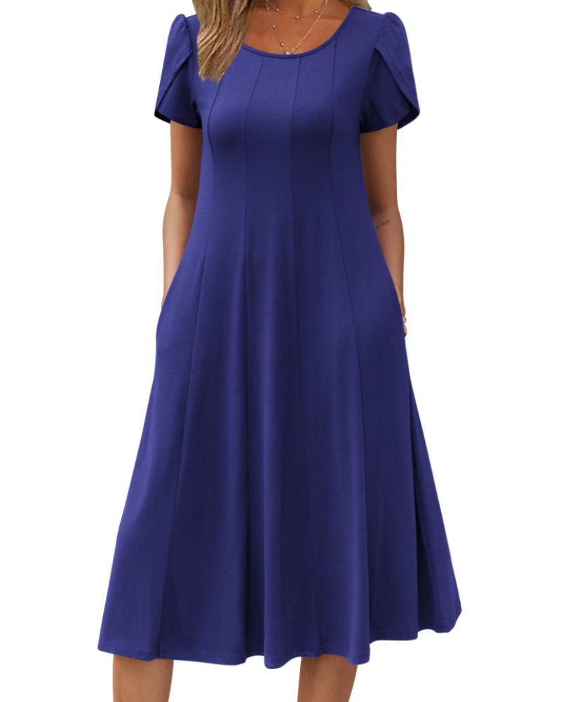 Emma Women's Midi Dress – A-Line Short Sleeve Summer Dress with Pockets