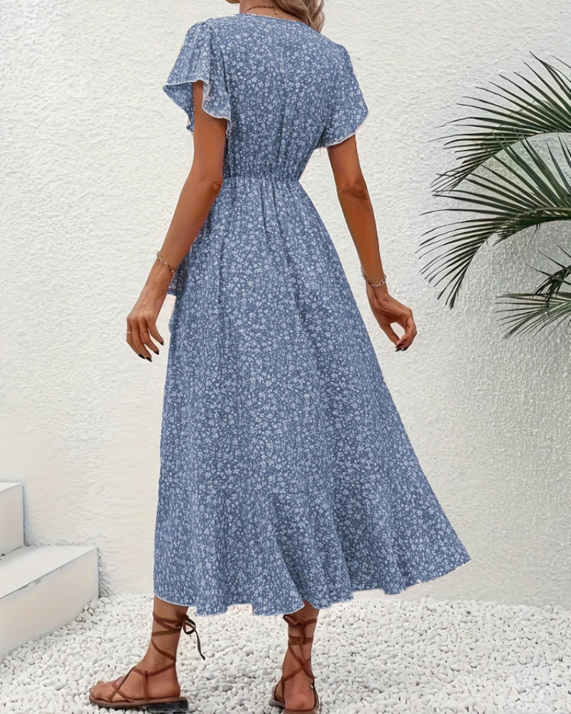 Lillian Women's Floral Maxi Dress – V-Neck A-Line Boho Wrap Dress with Ruffle Sleeves