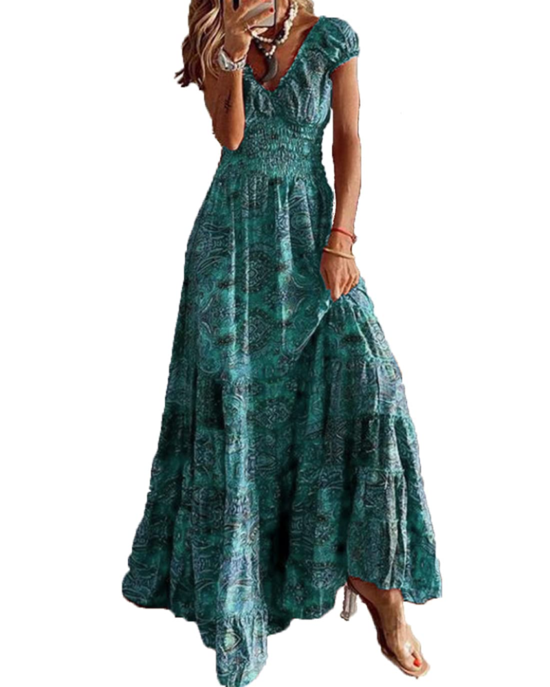Olivia Women's Maxi Dress – Bohemian Floral V-Neck Summer Beach Dress
