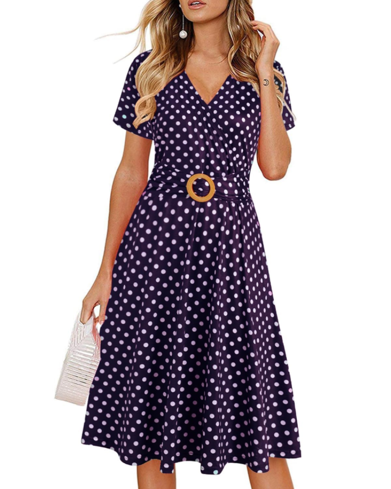 Natalie Women's Midi Dress – Deep V-Neck Short Sleeve Dress with Pockets