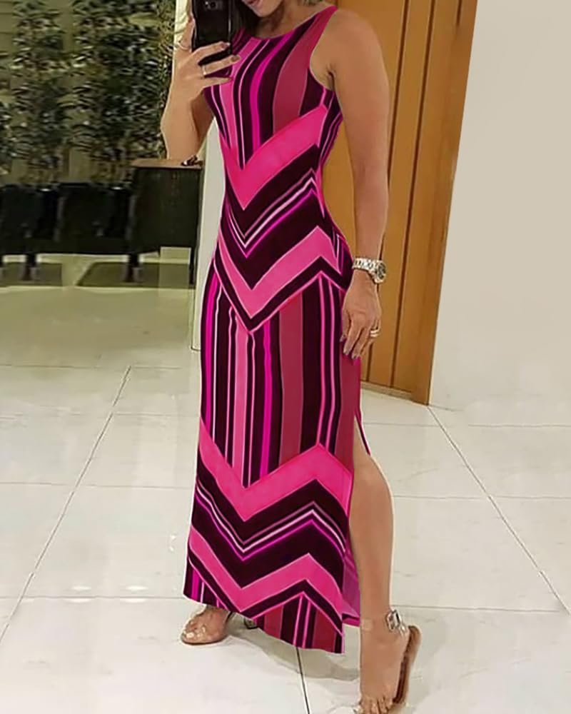Tahlia Women's Striped Dress – Sleeveless Round Neck Side Slit Summer Beach Dress