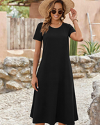 Briony Women's Floral Midi Dress – Short Sleeve Round Neck Casual Summer Dress