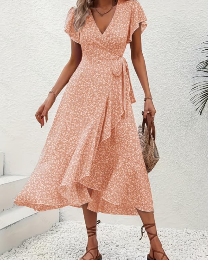 Celeste Women's Floral Midi Dress – V-Neck Flutter Sleeve Empire Waist Summer Dress