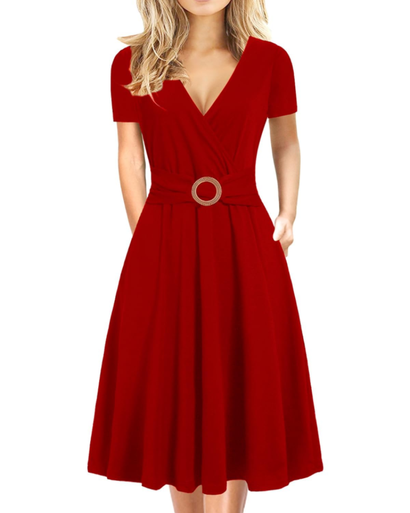 Natalie Women's Midi Dress – Deep V-Neck Short Sleeve Dress with Pockets