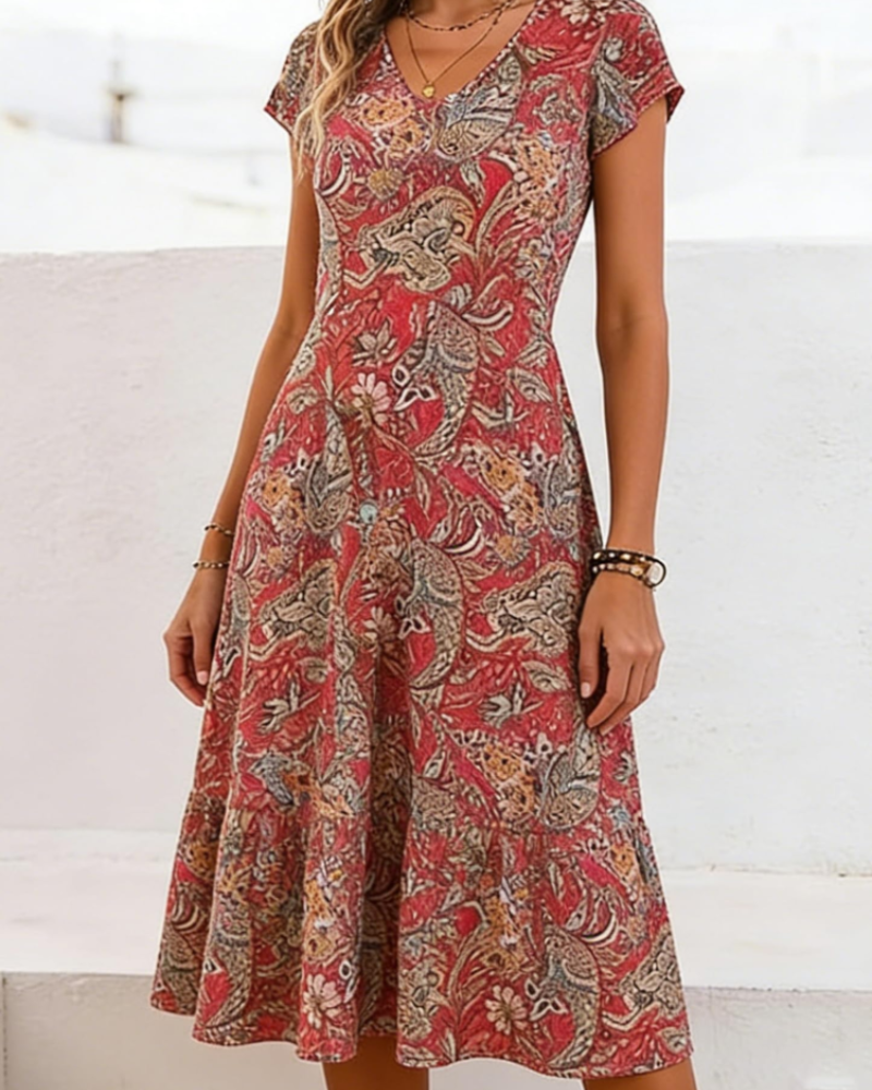 Geneva Women's Floral Midi Dress – V-Neck Short Sleeve A-Line Summer Dress