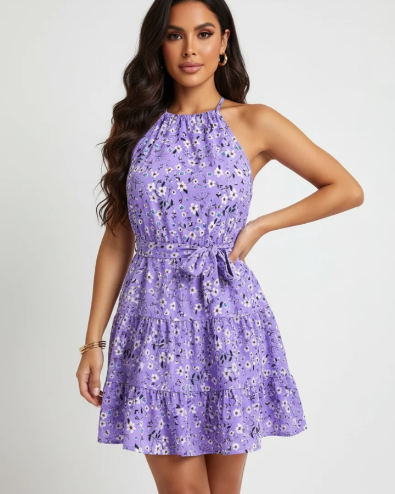Evangeline Women's Halter Mini Dress – Tie Waist Ruffle Summer Occasion Dress