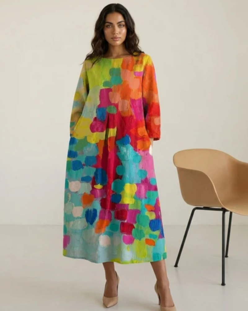Seraphine Women's Artistic Maxi Dress – Colourful Print Relaxed Summer Dress