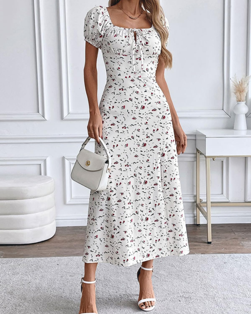 Margot Women's Floral Midi Dress – Square Neck Puff Sleeve Lace Front Summer Dress