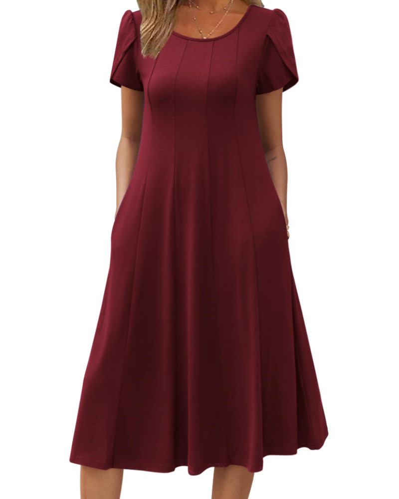 Emma Women's Midi Dress – A-Line Short Sleeve Summer Dress with Pockets
