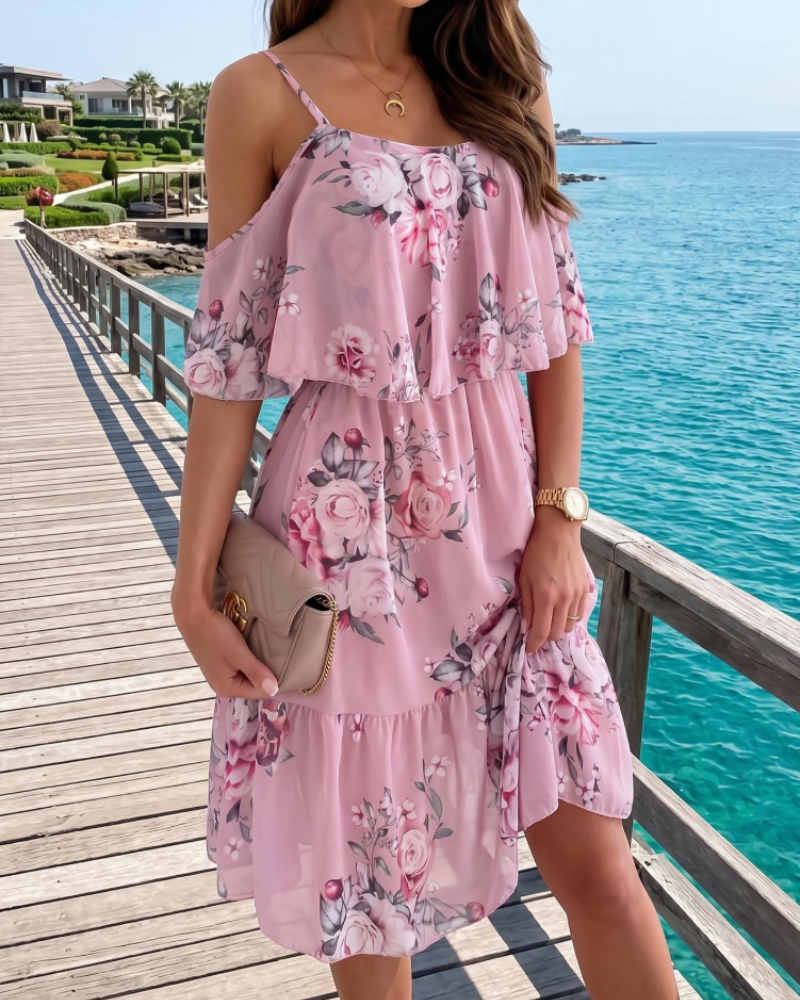 Evelyn Women's Floral Mini Dress – Off Shoulder Summer Dress with Ruffle Hem