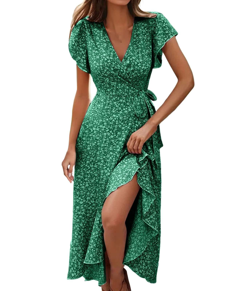 Celeste Women's Floral Midi Dress – V-Neck Flutter Sleeve Empire Waist Summer Dress