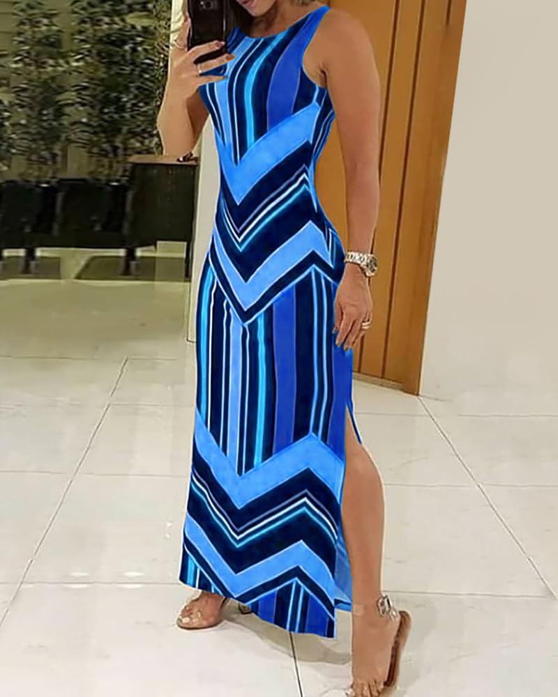 Tahlia Women's Striped Dress – Sleeveless Round Neck Side Slit Summer Beach Dress