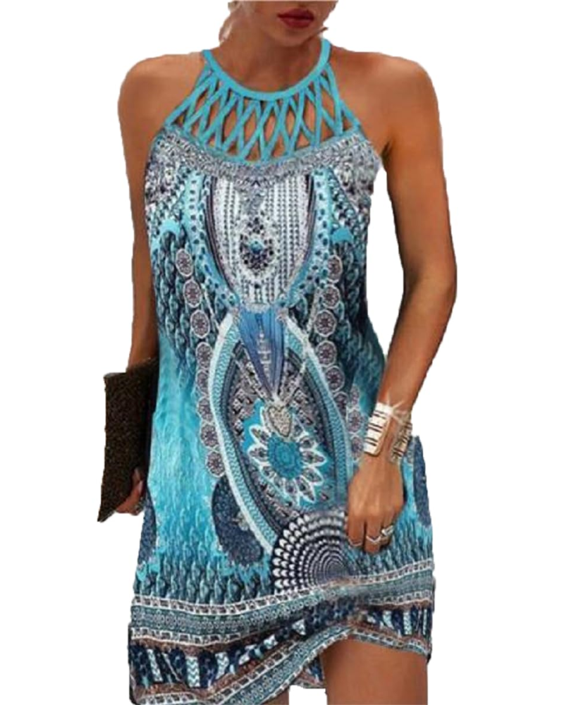 Layla Women's Boho Halter Dress – Ethnic Print Midi Beach Dress