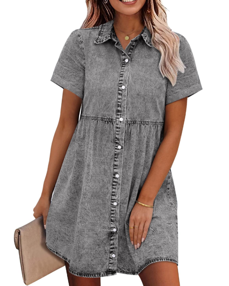 Emma Women's Denim Shirt Dress – Babydoll Button Down Tiered Jean Dress