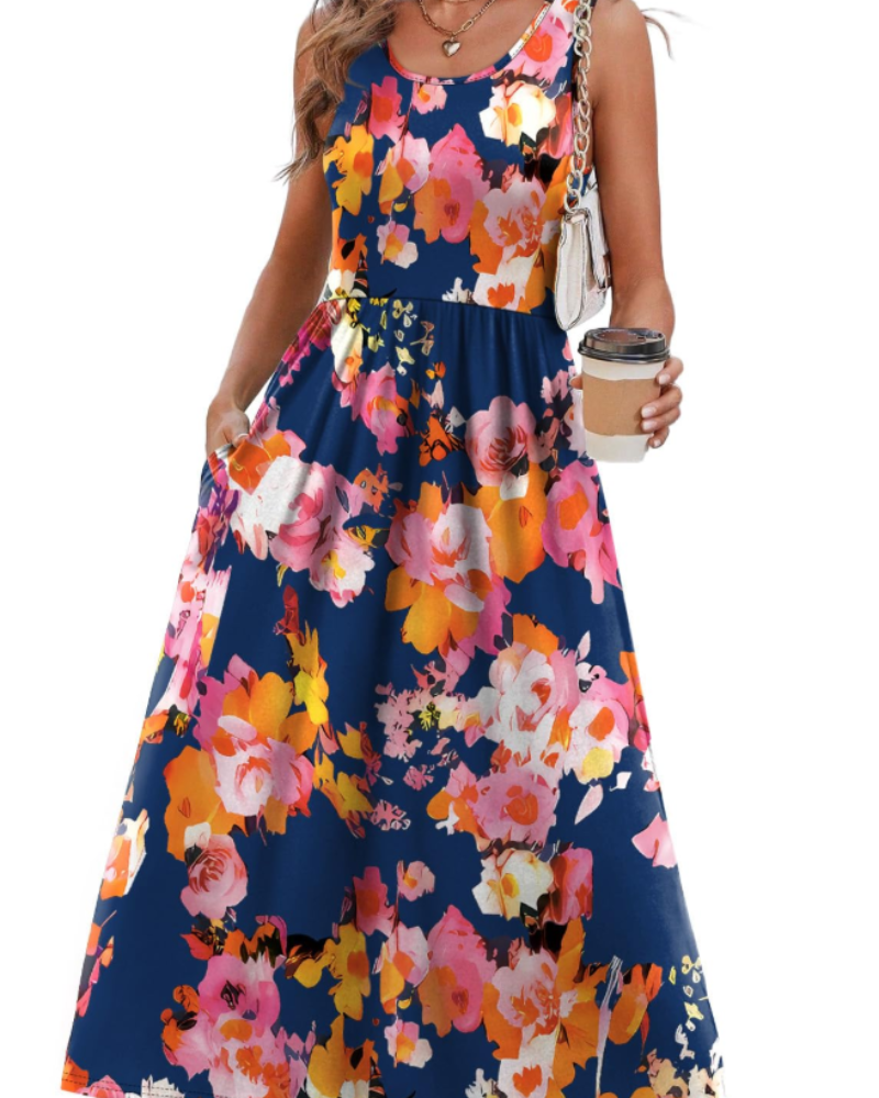 Clementine Women's Sundress – Flowy U-Neck Summer Midi Dress with Pockets