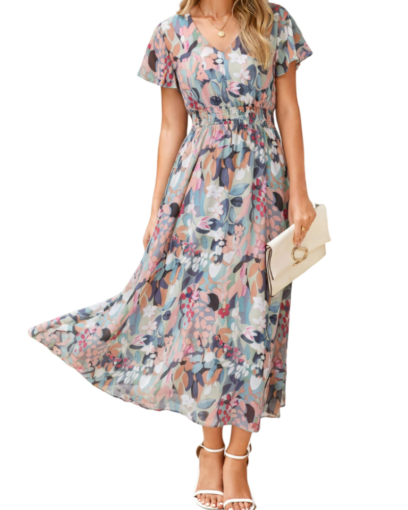 Isabella Women's Floral Maxi Dress – Boho V-Neck Wedding Guest Midi Dress