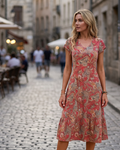 Geneva Women's Floral Midi Dress – V-Neck Short Sleeve A-Line Summer Dress