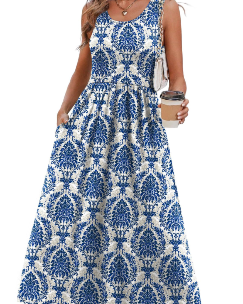 Clementine Women's Sundress – Flowy U-Neck Summer Midi Dress with Pockets