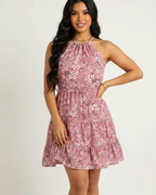 Evangeline Women's Halter Maxi Dress – Tie Waist Ruffle Summer Occasion Dress