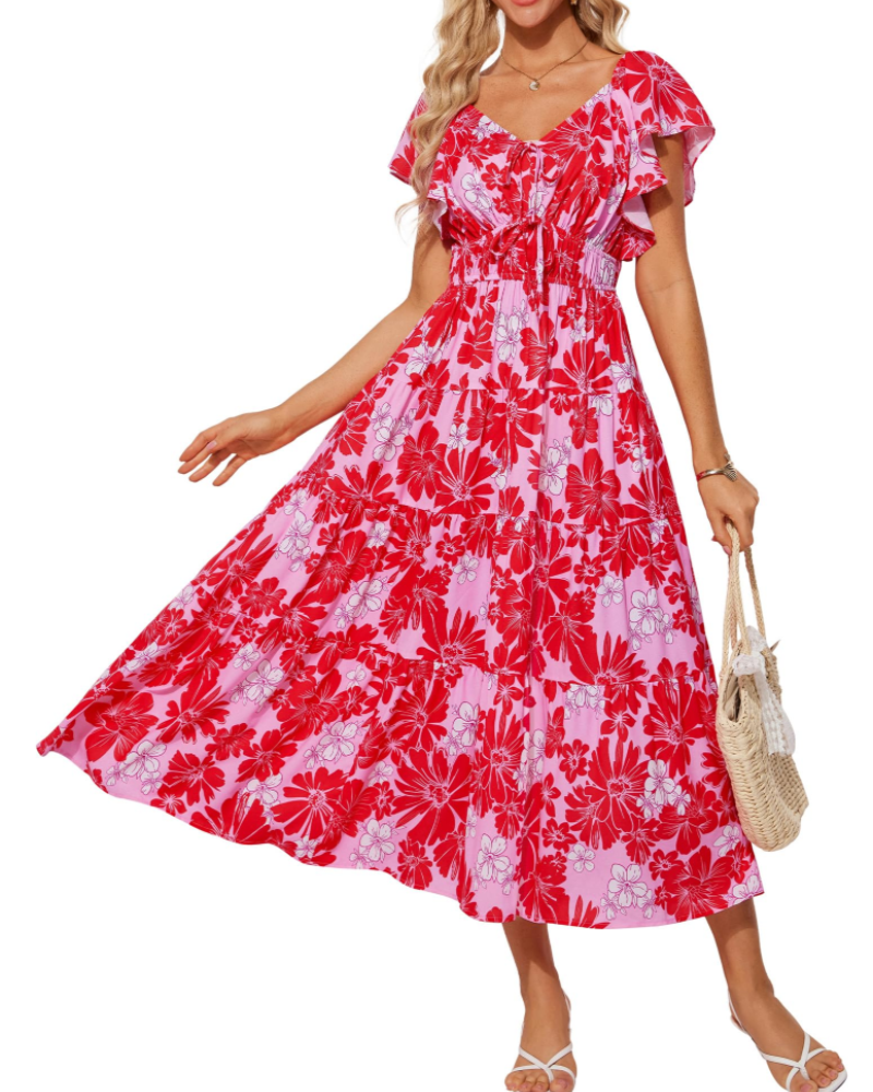 Isabella Women's Floral Maxi Dress – V-Neck Ruffle Sleeve Summer Dress