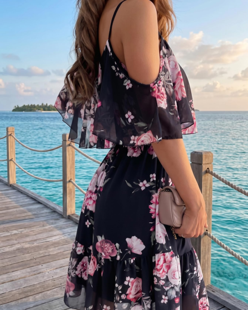 Evelyn Women's Floral Mini Dress – Off Shoulder Summer Dress with Ruffle Hem