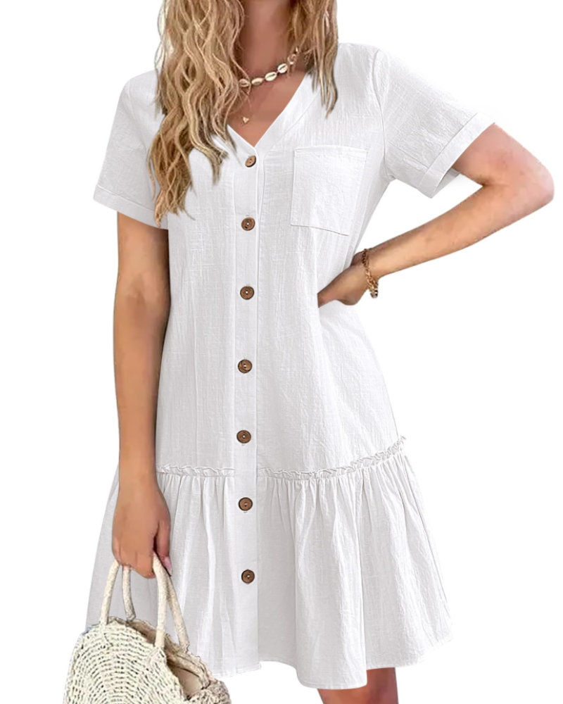 Emma Women's Cotton Linen Dress – V-Neck Button Knee-Length Summer Dress