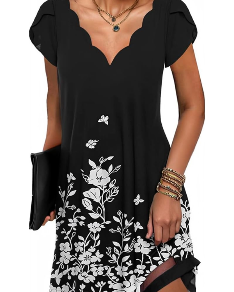 Yana Women's V-Neck Mini Dress – Casual Printed Summer Tunic with Short Sleeves
