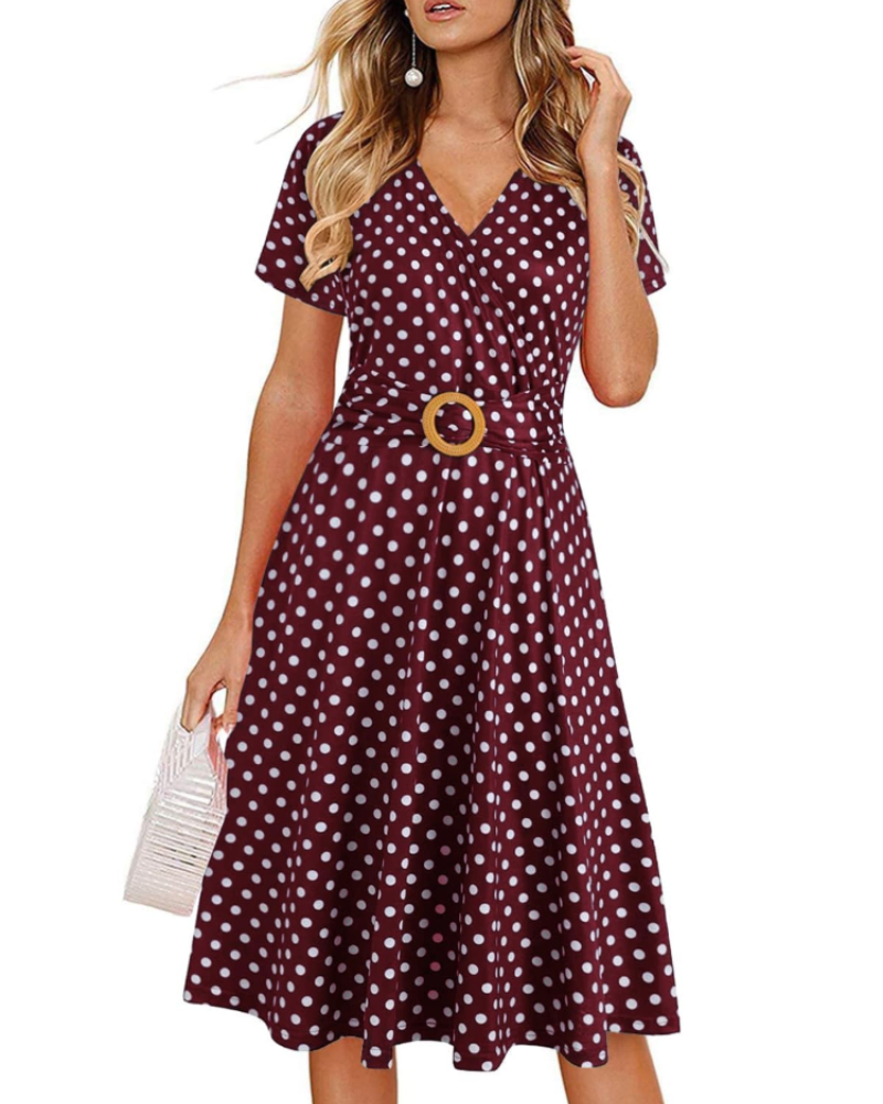 Natalie Women's Midi Dress – Deep V-Neck Short Sleeve Dress with Pockets
