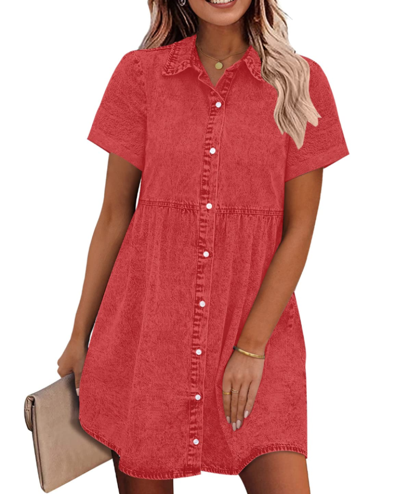 Emma Women's Denim Shirt Dress – Babydoll Button Down Tiered Jean Dress