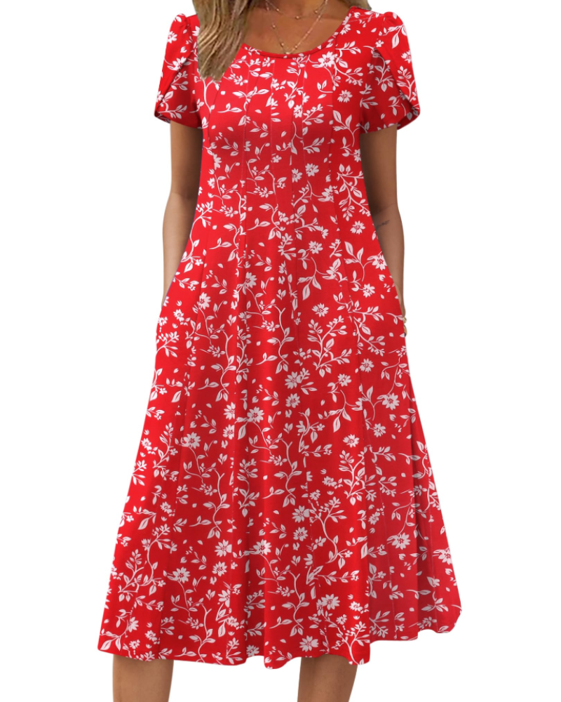 Emma Women's Midi Dress – A-Line Short Sleeve Summer Dress with Pockets