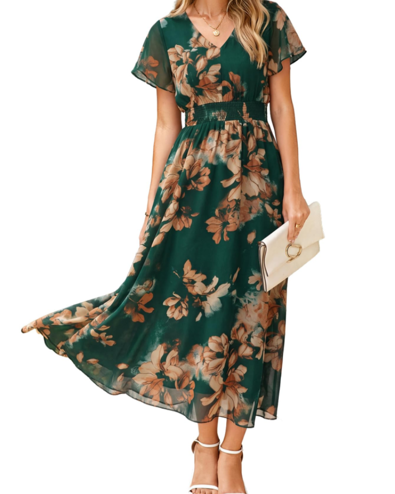 Isabella Women's Floral Maxi Dress – Boho V-Neck Wedding Guest Midi Dress