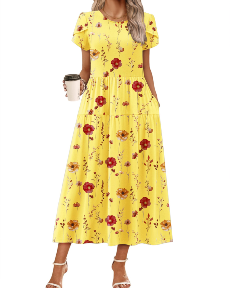 Olivia Women's Boho Maxi Dress – Floral A-Line Summer Dress with Pockets