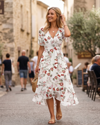Evelyn Women's Floral Midi Dress – V-Neck Chiffon Wedding Guest Dress with Belt