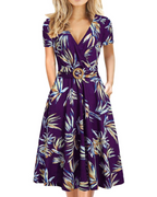 Natalie Women's Midi Dress – Deep V-Neck Short Sleeve Dress with Pockets
